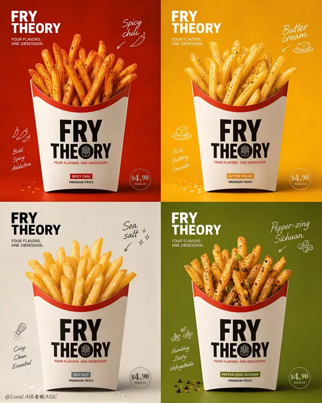 Create an ultra-premium 2x2 four-panel promotional poster...