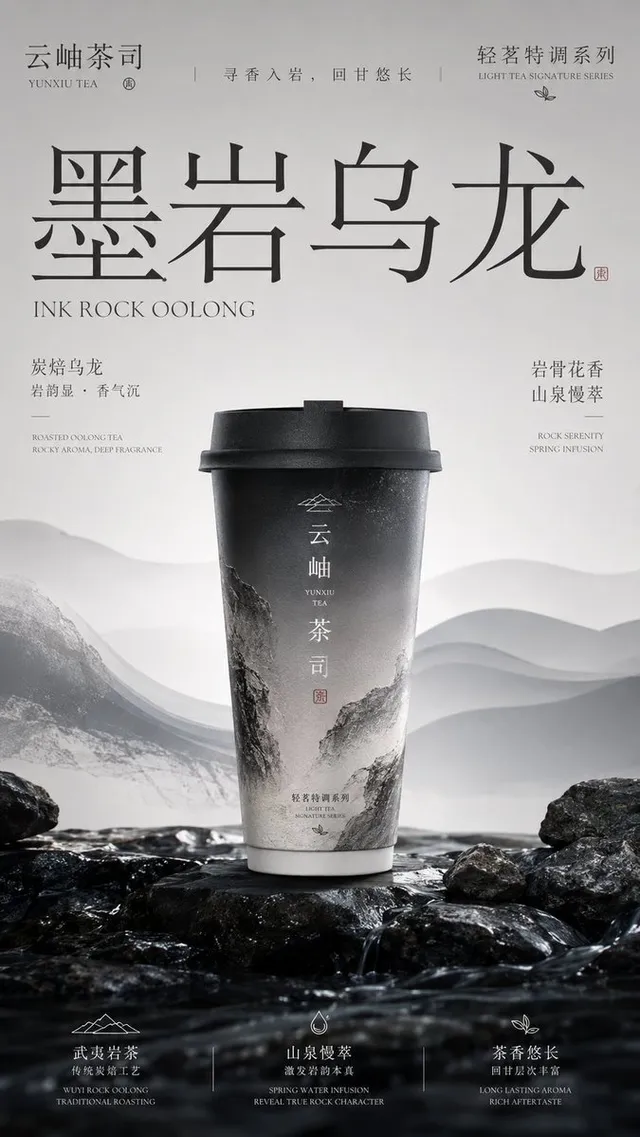 请生成一张竖版 9:16 的高级新中式茶饮品牌包装主视觉海报。每张图片独立生成，不要合并成拼图。