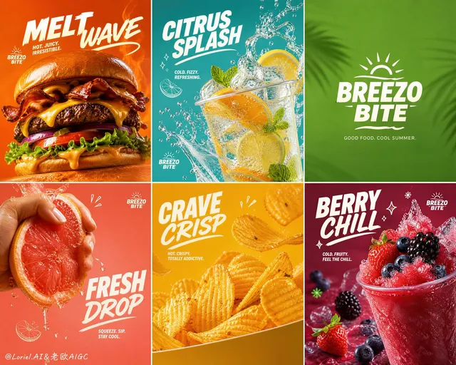Create an ultra-premium 2x3 six-panel summer fast-food ca...
